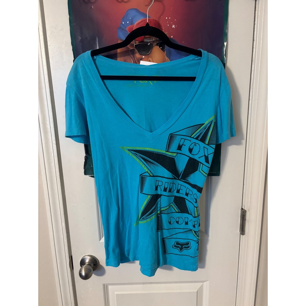 Fox Racing Riders Company Graphic V-Neck T-Shirt Blue Womens Large